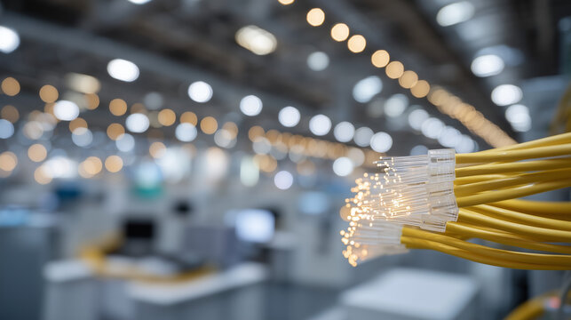 Network operations center with illuminated fiber optic cables connecting to smart grid communication infrastructure equipment and cybersecurity monitoring stations during utility modernization, idea