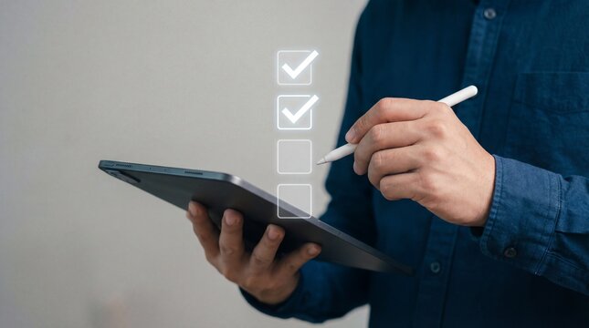 Man checking off items on a digital checklist using a stylus and tablet