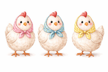 Naklejka premium Cute watercolor Easter chicks isolated on white. Adorable spring illustration perfect for kids products, greeting cards, nursery decor and holiday branding.