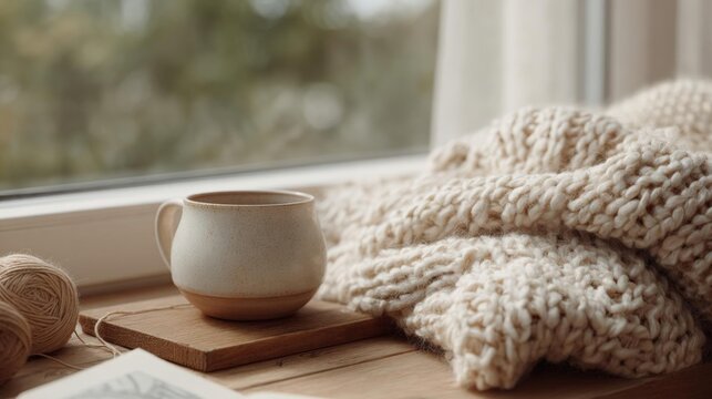 Wooden table with a white mug and a ball of yarn on it. the mug is made of ceramic and has a speckled pattern on it, while the yarn is a light beige color.