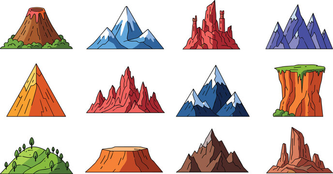 Mountain icon collection with volcano, rocky peaks, cliffs and hills, colorful nature landscape elements flat vector illustration