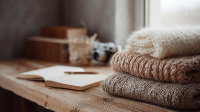 Wooden table with a stack of folded blankets on it. the blankets are beige in color and appear to be made of a soft, fuzzy material.