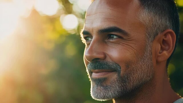 Happy-looking man with a beard and mustache smiling at the camera during sunset, with warm lighting from behind, emphasizing his contentment.