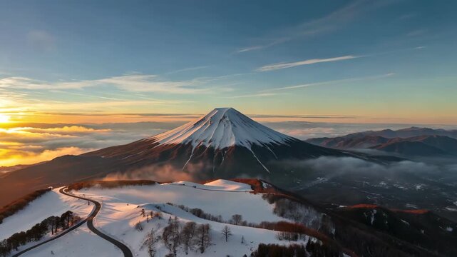 Panoramic view of Mount Fuji snow at sunrise Mount Fuji sunrise snow sailing