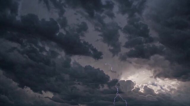 Dark storm clouds with vivid lightning, closeup cinematic capture of energetic bolt slicing through cumulonimbus layers, intense illumination and electric purple highlights, roiling textures