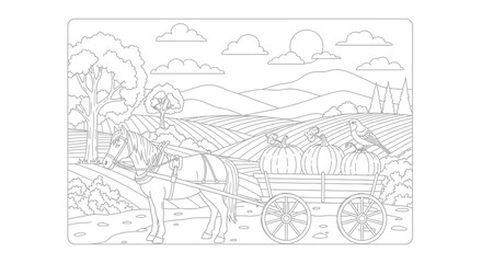 Obraz premium Horse-drawn cart filled with pumpkins in a rural landscape setting.