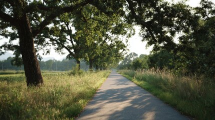 Fototapeta premium Long, straight, paved path in the middle of a grassy field. the path is surrounded by tall trees on both sides, with their branches reaching up towards the sky.