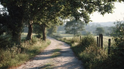 Fototapeta premium Dirt path winding through a grassy field. the path is surrounded by trees and shrubs on both sides, and there is a wooden fence on the right side.