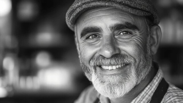 Happy bearded man smiling at the camera, possibly a bartender or patrons of a pub.
