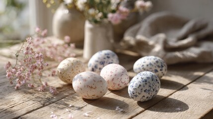Obraz premium Group of six eggs on a wooden table. the eggs are arranged in a scattered manner, with some overlapping each other.