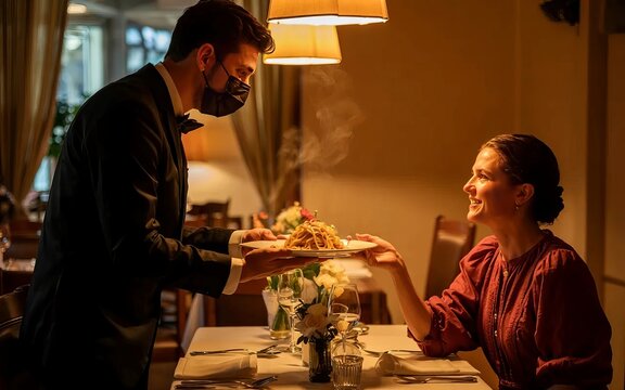 Waiter in black mask serves steaming pasta dish to smiling woman at restaurant table server dining
