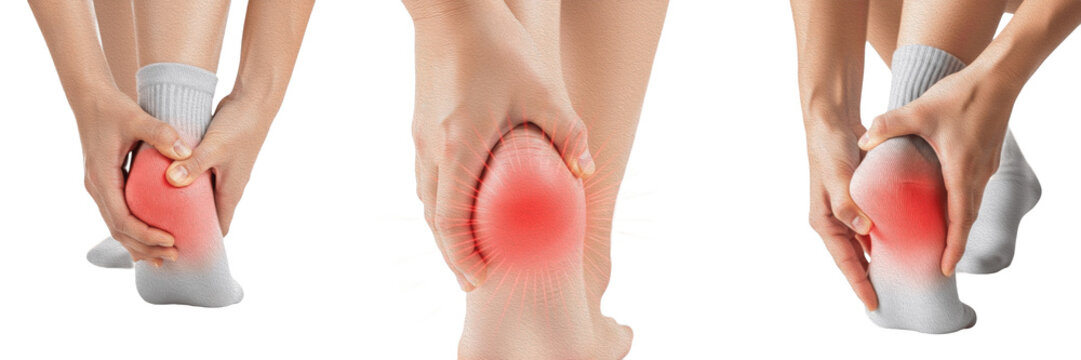 Woman holding painful heel and ankle, Plantar Fasciitis and Achilles Tendonitis medical concept