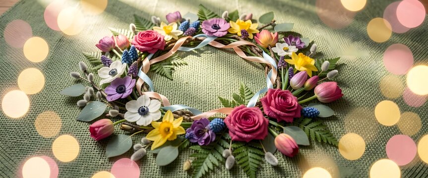 Spring Floral Wreath with Roses and Daffodils on Green Fabric Background