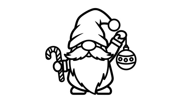 Black and white christmas gnome holding ornaments and candy cane isolated
