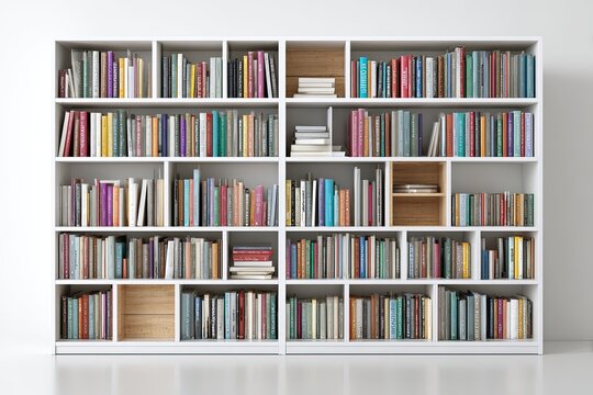 A comprehensive bookshelf, meticulously arranged with a vibrant collection of literature. the scene radiates a scholarly ambiance.