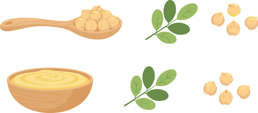 Cartoon chickpeas and hummus in colorful vector illustration of ingredients, healthy food, and Mediterranean cuisine design