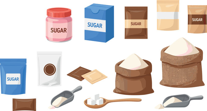 Vector Set of Sugar Packaging, Bags, Scoops, and Cubes for Kitchen, Baking, and Food Ingredients Designs
