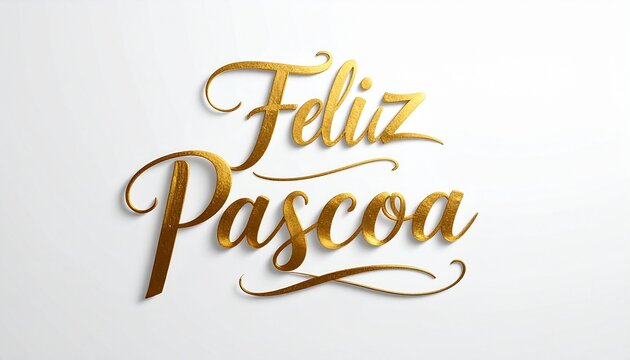 "Feliz P&aacute;scoa" golden 3D text, meaning "Happy Easter" in Portuguese. Elegant and luxury calligraphy for holiday celebration cards and invitations. Isolated design element on a white background.