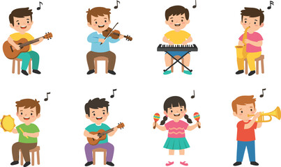 Cartoon children playing musical instruments in colorful vector illustration of music, fun, performance, and joyful design © MST
