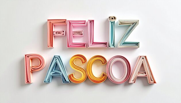 Happy Easter message in Portuguese, 'Feliz P&aacute;scoa', crafted with vibrant paper quilling technique. Colorful typography art for holiday celebration isolated on a clean white background.