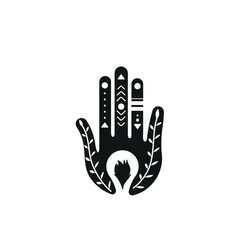 Obraz premium Vector illustration of an ethnic hamsa hand with tribal ornaments, leaves, and flame. Mystical black and white palm silhouette isolated on white for tattoo, logo, and boho design concepts.