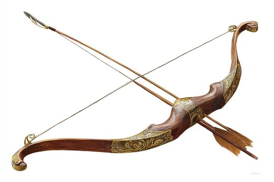 A meticulously crafted archery bow poised with an arrow, rendered in a photorealistic studio shot. Evoking the artistry and precision of the craft.