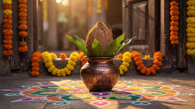 Traditional Kalash with Coconut and Mango Leaves, Adorned with Marigold Garlands and Colorful Rangoli at Indian Home Entrance During Festival Celebration