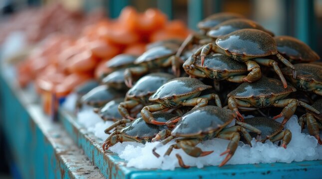 Close-up of pile of fresh live blue crabs on crushed ice at outdoor seafood market stall, wet shells glistening, selective focus, shallow depth of field, bokeh background

