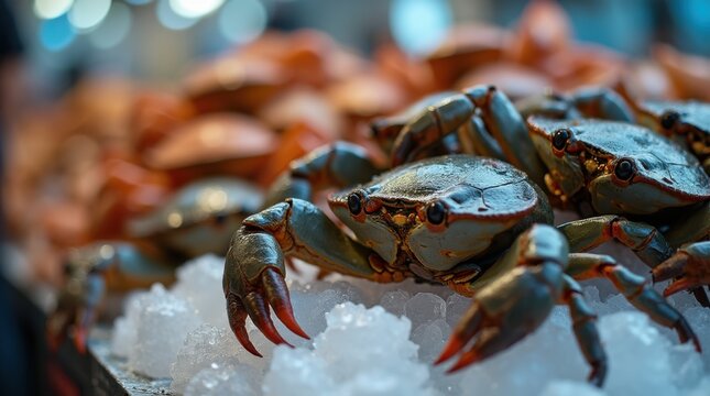Close-up of pile of fresh live blue crabs on crushed ice at outdoor seafood market stall, wet shells glistening, selective focus, shallow depth of field, bokeh background

