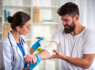 Obraz premium Doctor treating injured arm of patient.