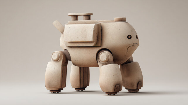 Minimal cute robot dog in ceramic clay style, 3D futuristic quadruped on neutral background