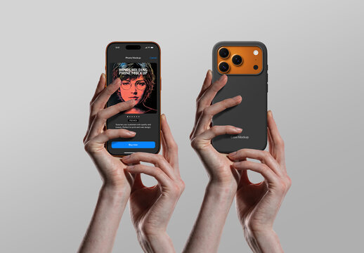 Phone 17 Mockup - Hands Holding Front View & Back Case