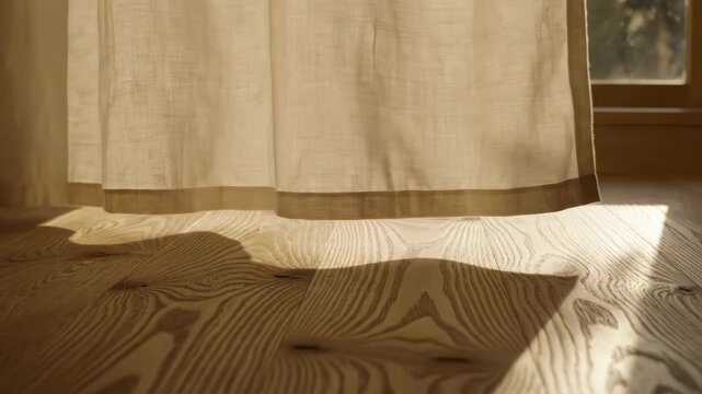 Sunlight illuminating ash wood floor planks near window covered with linen curtains casting shadows in interior space