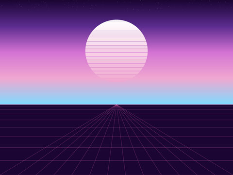 Outrun Sunset Synthwave Neon Landscape Wallpaper Art