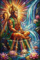 Obraz premium Lord Hanuman Meditating in Serene Stained Glass Art with Waterfall and Lotus Flowers for Spiritual Devotion