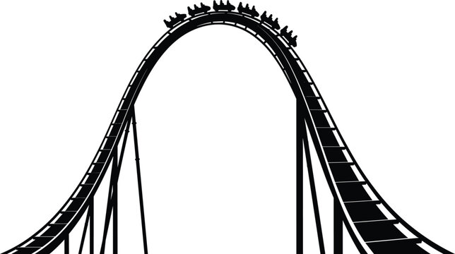Roller coaster black silhouette with train climbing steep track isolated on white background for amusement park theme park adventure and extreme entertainment concepts