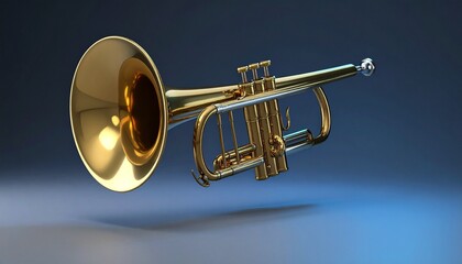 Obraz premium Golden Trumpet Floating on Dark Blue Background