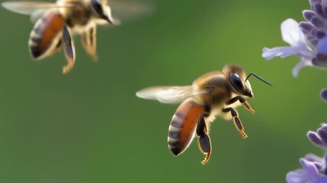 Closeup of a Honeybee in Flight on Green Background