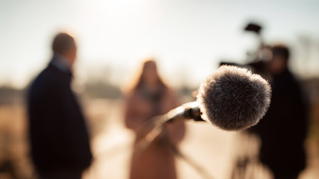 Professional microphone in foreground, a blurred news crew filming an interview with a subject outdoors under soft sunlight