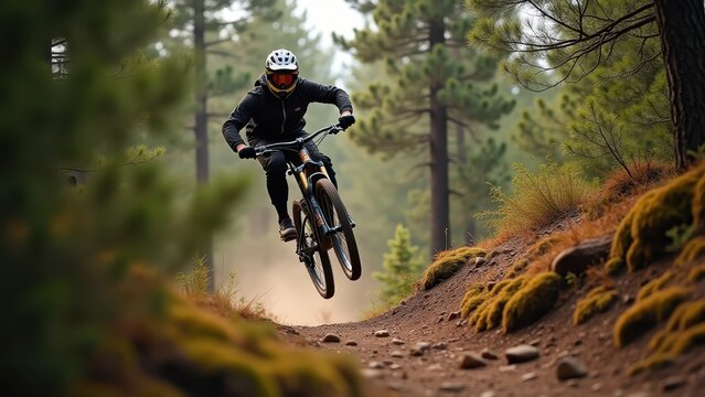 Mountain biker flying off rocky trail jump in pine forest, bokeh blurred green trees background