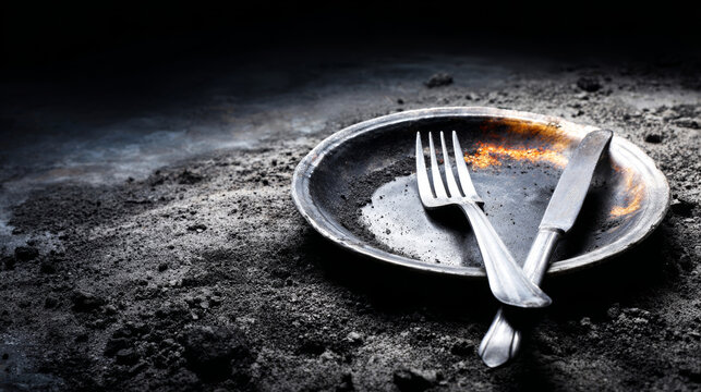 Empty burnt plate with cutlery on dark ash, symbolizing concepts like famine, scarcity, social issues, and disaster