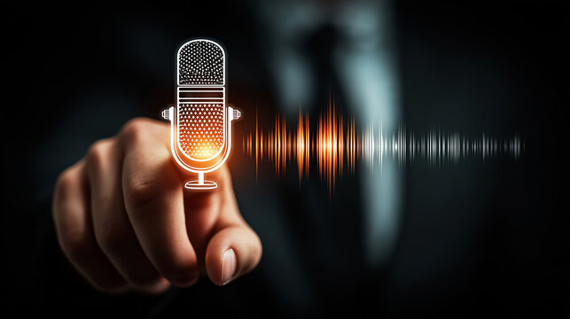 Businessman hand touching glowing microphone icon, initiating artificial intelligence voice recognition and interacting with digital sound waves