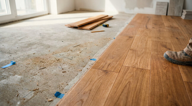Installation of new wood flooring over concrete subfloor. Home renovation and interior remodeling project. Construction process concept