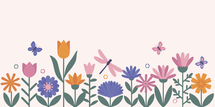 Colorful flat of flowers butterflies and dragonfly