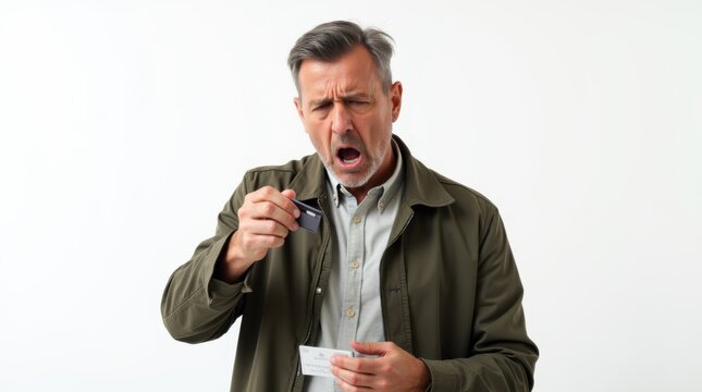 Stressed middle-aged man in jacket holding credit card with reluctant grimace expression, looking at camera, white studio background, financial concept

