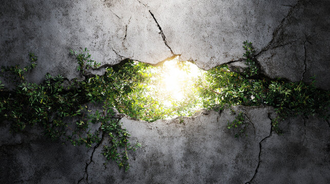 Cracked concrete wall revealing lush green plants and bright light, illustrating concepts of new beginnings, resilience, and nature's power