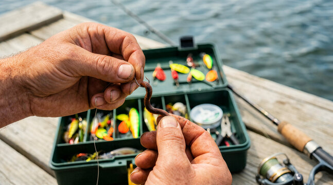 Hands baiting a fishing hook with a worm. Close up of a fisherman preparing his tackle box on a wooden pier
