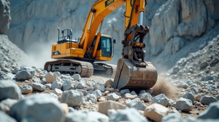 Yellow excavator with hydraulic hammer breaking granite rocks in active stone quarry, dust cloud rising, steep rocky cliff face behind, industrial action shot, natural daylight