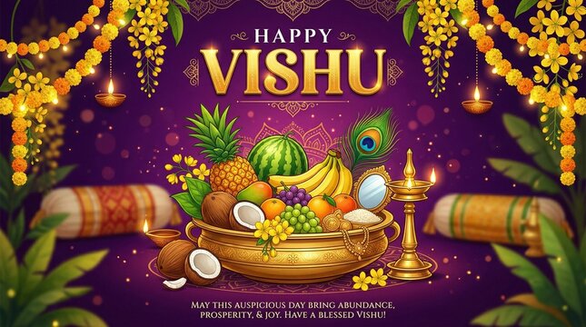 Happy vishu greetings. fruits decoration bowl. Kerala vishu festival vishukkani design. Creative vector illustration.