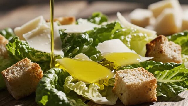 Close-up of fresh Caesar salad with olive oil dressing being poured over romaine lettuce, parmesan cheese, and croutons